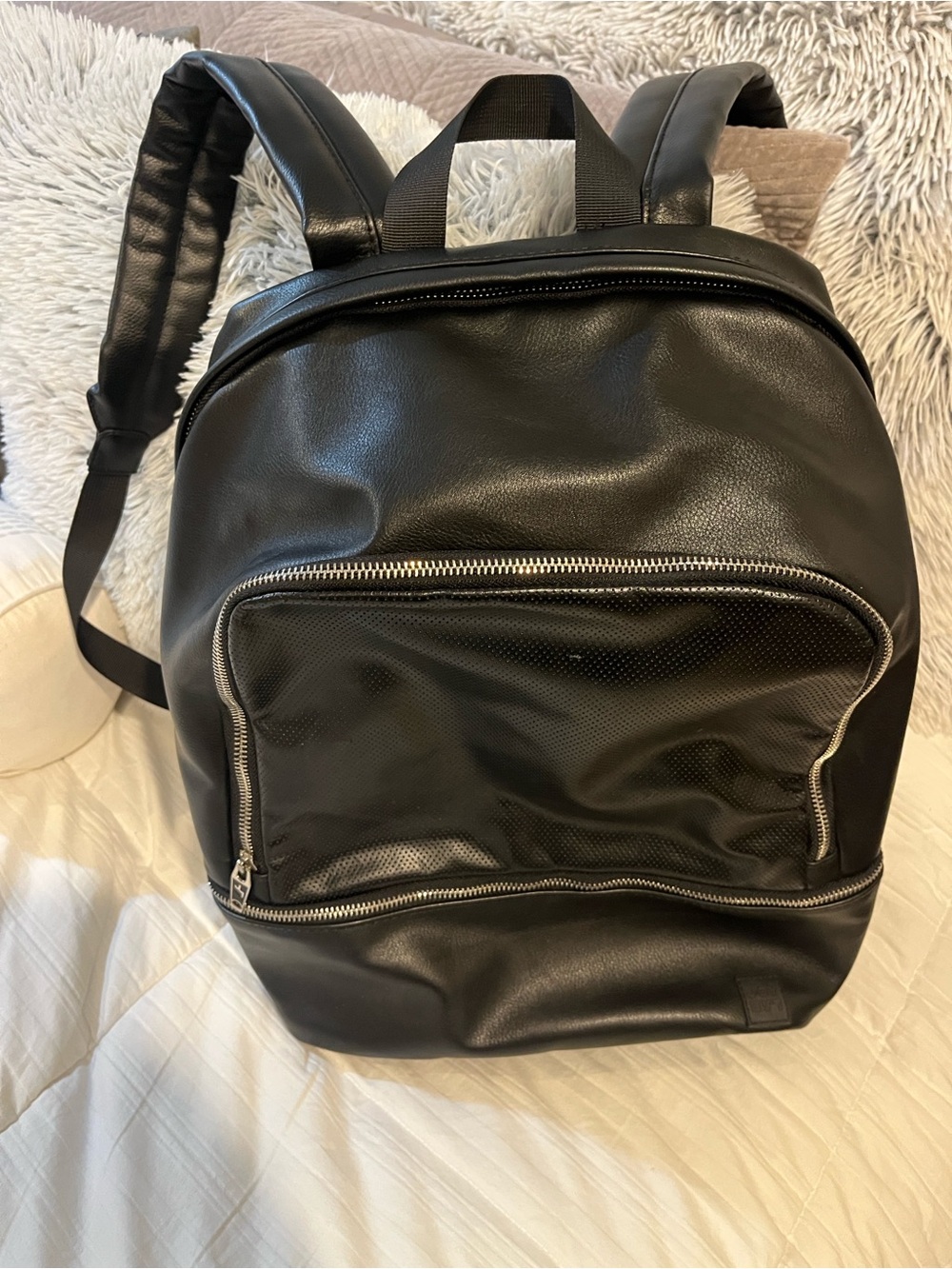 Target Black Faux Leather Backpack with Silver Zippers and Front Pocket